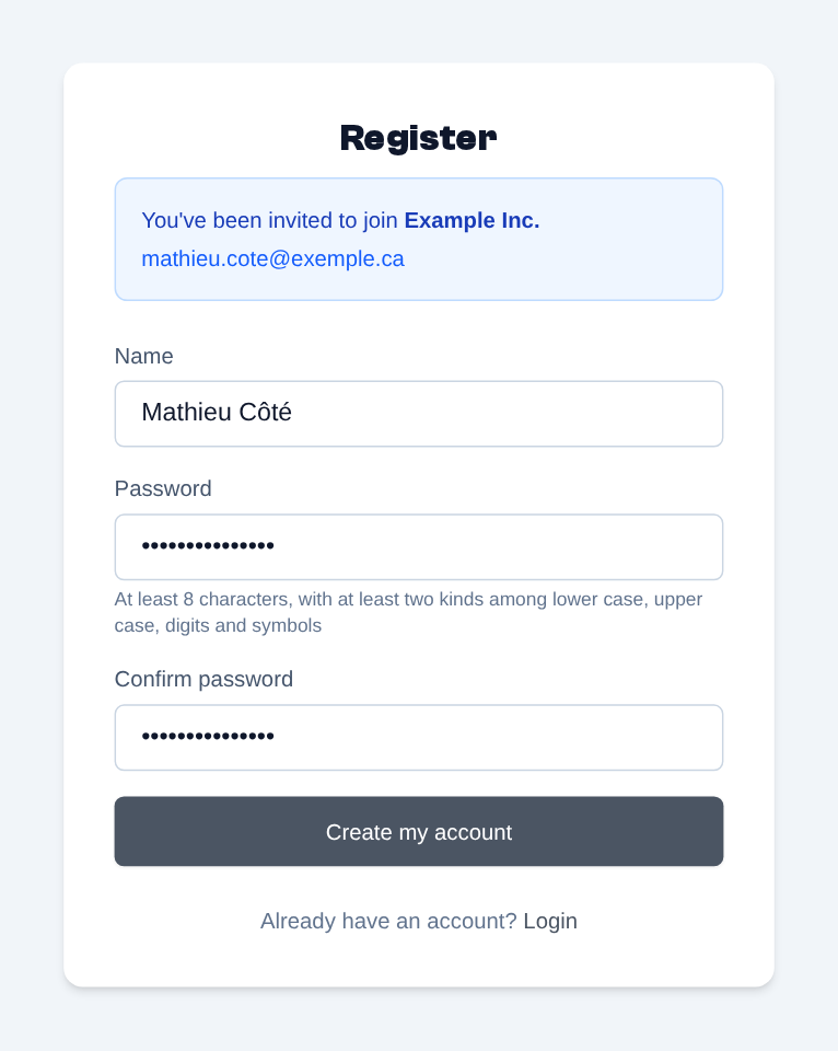 The invitation link opens the "Register" page: the organization and the invited address are shown; enter your name, then your password twice.