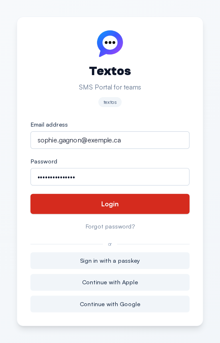 The login page: email address, password, then "Login". Under "or": the passkey, Apple and Google.
