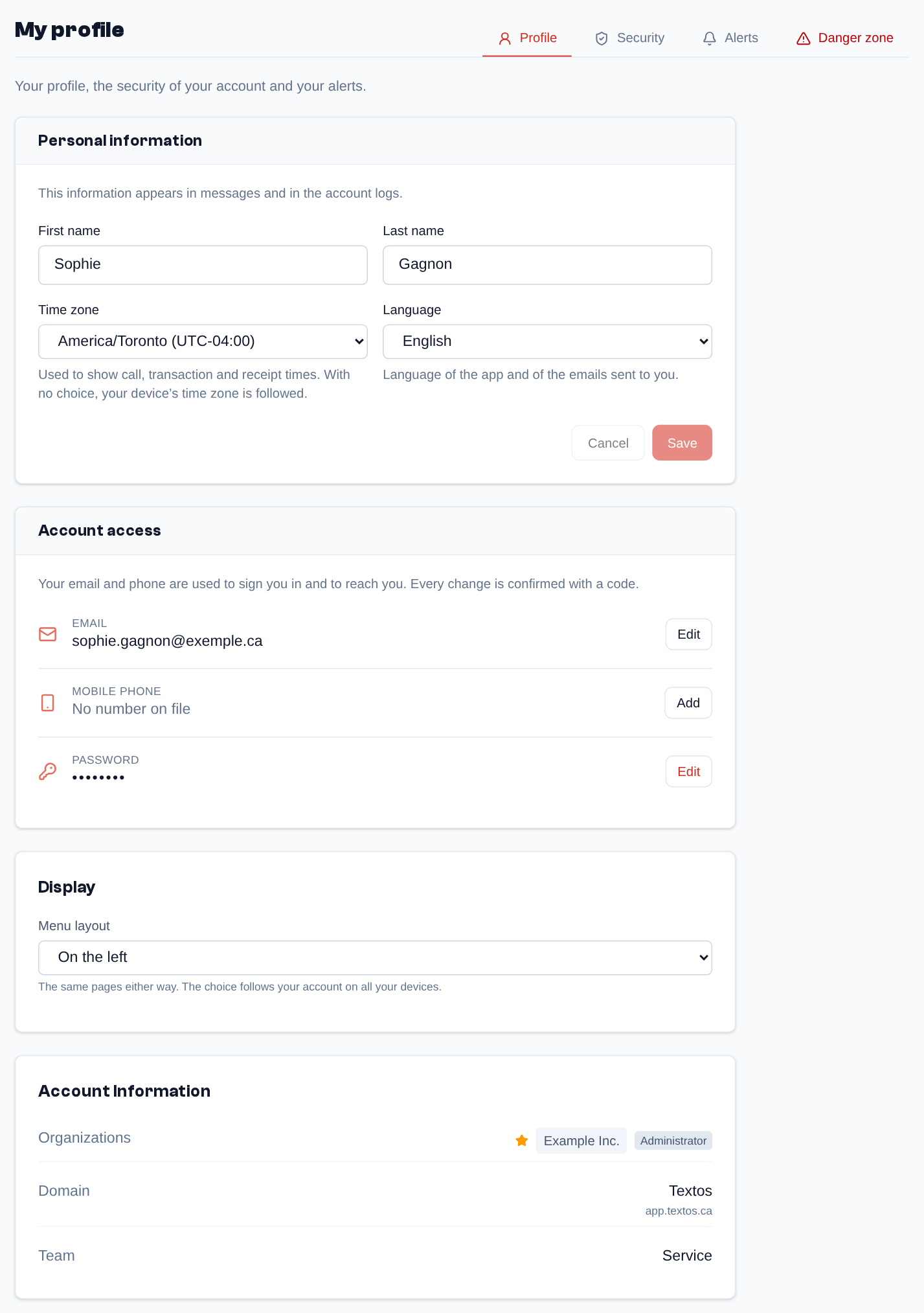 The "My profile" page, Profile tab: personal information (first name, last name, time zone, language), account access (email, phone, password), menu display, then your organizations and your role in each.