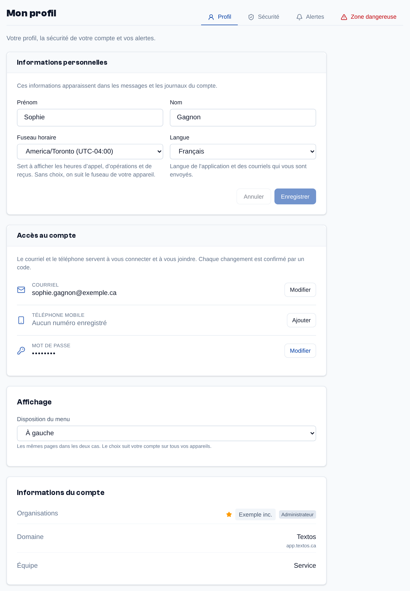 La page « Mon profil », onglet Profil : informations personnelles (prénom, nom, fuseau horaire, langue), accès au compte (courriel, téléphone, mot de passe), affichage du menu, puis vos organisations et votre rôle dans chacune.