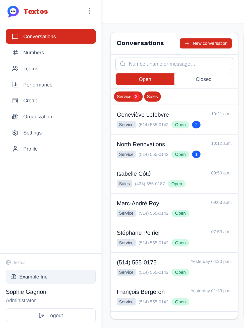 The list of open conversations: the search and the Open / Closed switch above it; for each conversation, the contact's name (or number), the team, the team number, the time of the last message and the number of unread messages.