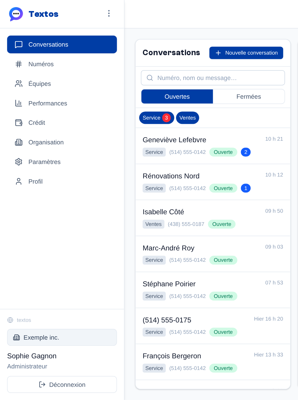 La liste des conversations ouvertes : la recherche et le sélecteur Ouvertes / Fermées au-dessus ; pour chaque conversation, le nom du contact (ou son numéro), l'équipe, le numéro de l'équipe, l'heure du dernier message et le nombre de messages non lus.
