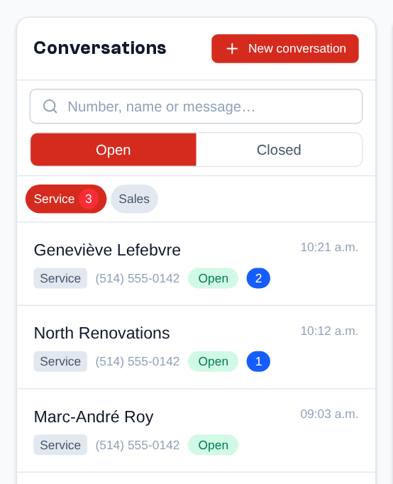 Below the search and the Open / Closed switch: one chip per team; a click turns it on or off. Here, Sales is turned off.