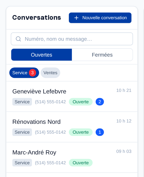 Sous la recherche et le sélecteur Ouvertes / Fermées : une pastille par équipe ; un clic l'active ou la désactive. Ici, Ventes est désactivée.