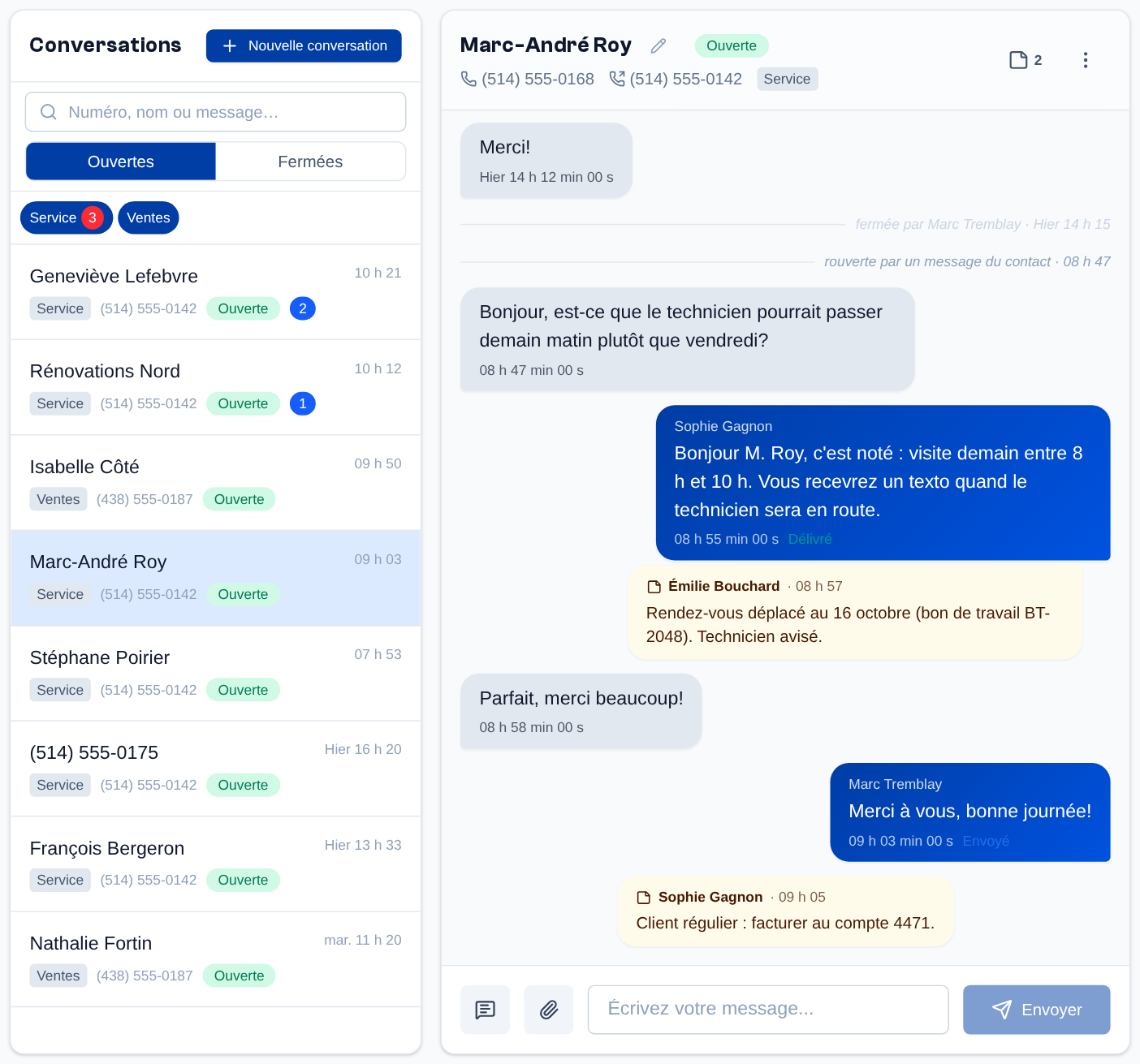 Une conversation : messages reçus à gauche, messages envoyés à droite avec le nom de l'agent, l'heure et le statut de livraison (Délivré, Envoyé) ; les notes de l'équipe apparaissent en jaune dans le fil.