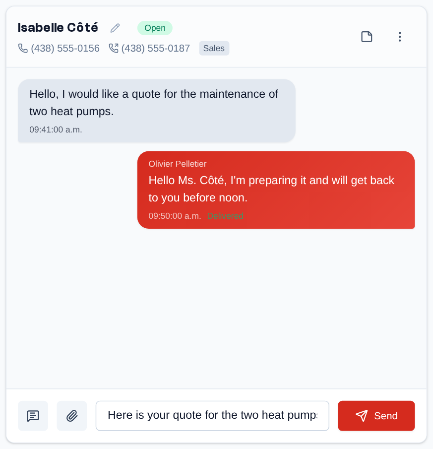 Type the message in the field at the bottom of the conversation, then "Send" (or Enter).