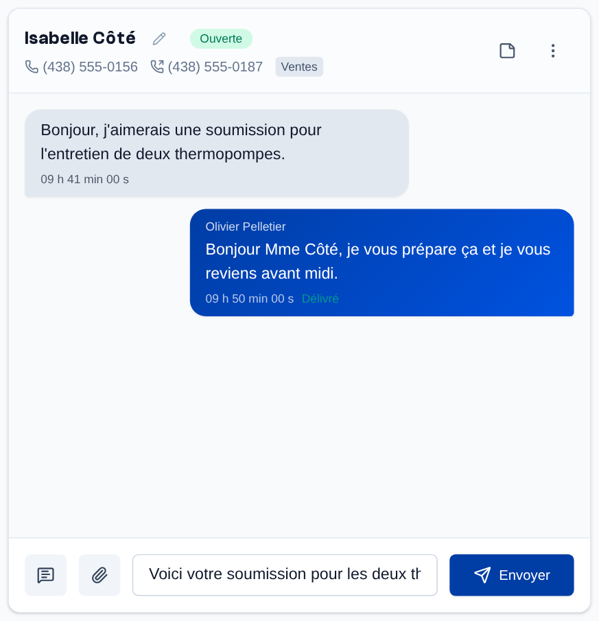 Le message se tape dans le champ au bas de la conversation, puis « Envoyer » (ou Entrée).