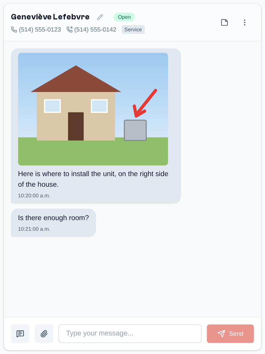 A received MMS: the picture shows in the bubble, above the text; a click opens it full size.