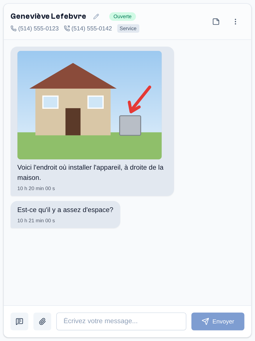 Un MMS reçu : l'image s'affiche dans la bulle, au-dessus du texte ; un clic l'ouvre en grand.