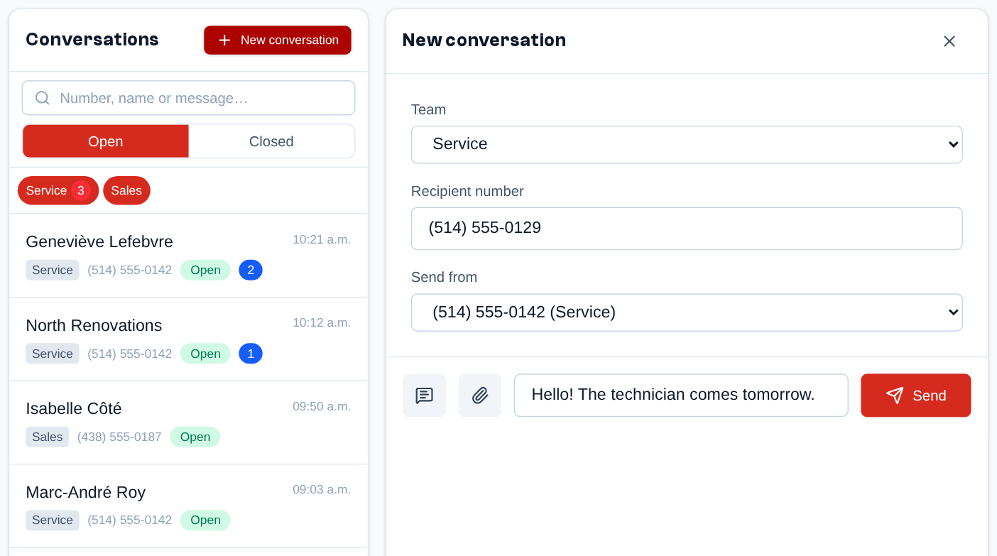New conversation: choose the team, enter the recipient number (it formats itself), choose the sending number, then type the first message at the bottom of the panel and click "Send".