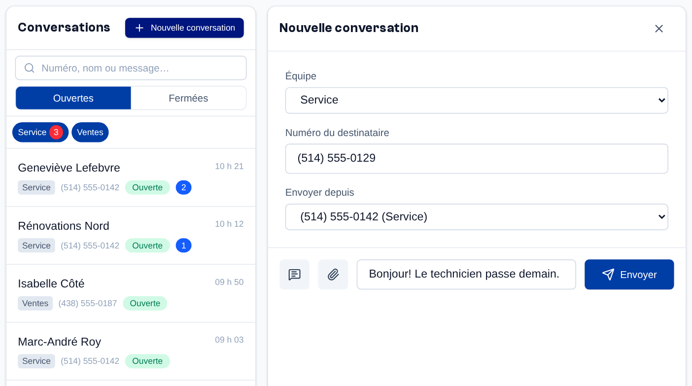 Nouvelle conversation : choisissez l'équipe, entrez le numéro du destinataire (il se met en forme tout seul), choisissez le numéro d'envoi, puis tapez le premier message au bas du panneau et cliquez sur « Envoyer ».