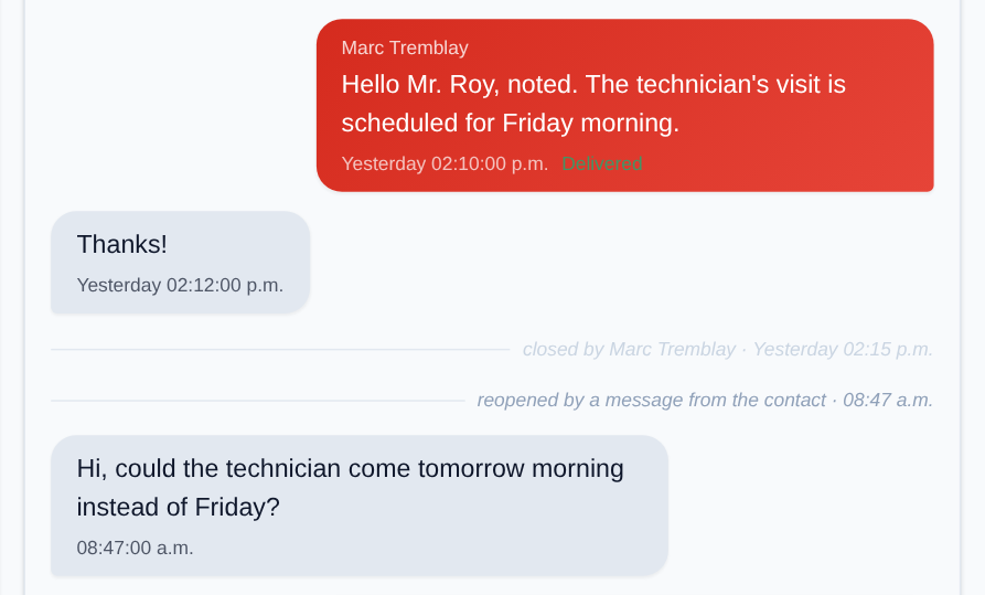 "closed by Marc Tremblay" yesterday, then "reopened by a message from the contact" right before the message that reopened it.