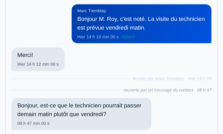 « fermée par Marc Tremblay » hier, puis « rouverte par un message du contact » juste avant le message qui l'a rouverte.