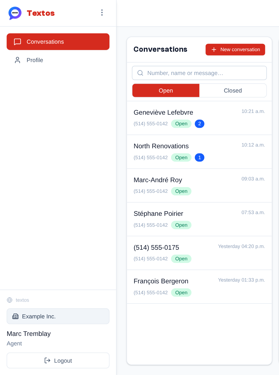 What an agent of an organization without voice sees: the menu only has Conversations and Profile, and the list only shows their team's conversations.