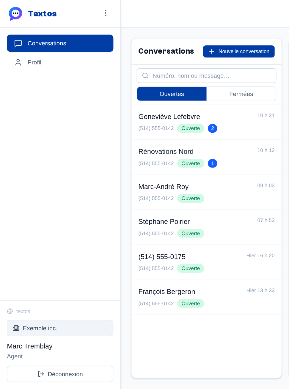 Ce que voit un agent d'une organisation sans la voix : le menu n'a que Conversations et Profil, et la liste ne montre que les conversations de son équipe.