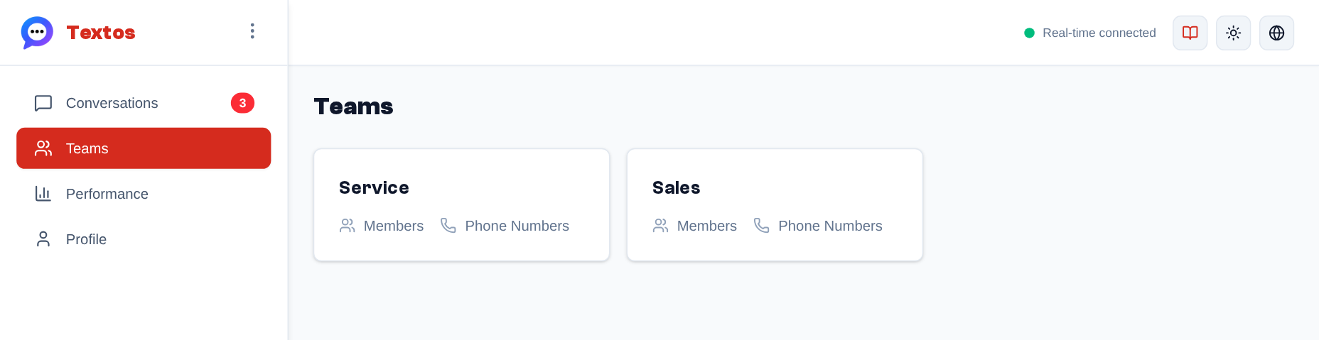 Sidebar menu > Teams (managers and admins): one card per team; a click opens the team's page.