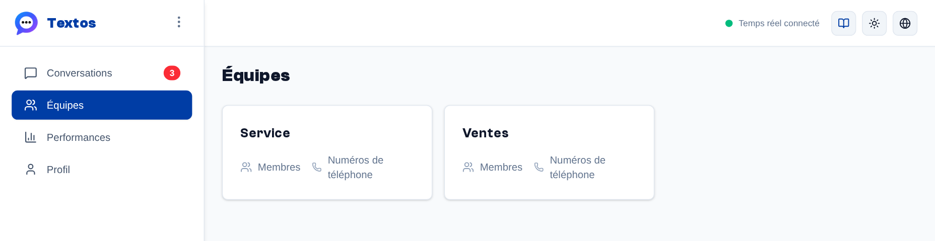 Menu latéral > Équipes (managers et admins) : une carte par équipe ; un clic ouvre la page de l'équipe.