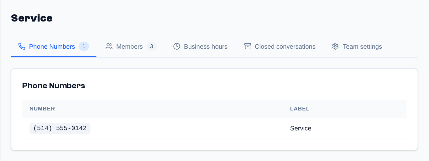 A team's page: its name, then the Phone Numbers, Members, Business hours, Closed conversations and Team settings (admins) tabs.