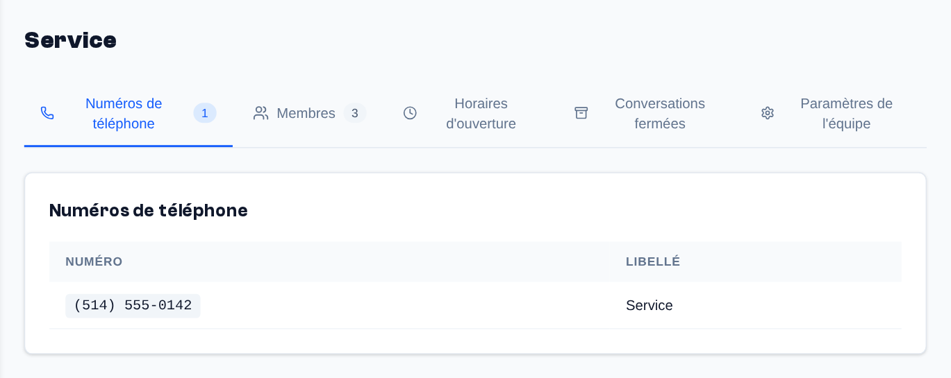 La page d'une équipe : son nom, puis les onglets Numéros de téléphone, Membres, Horaires d'ouverture, Conversations fermées et Paramètres de l'équipe (admins).