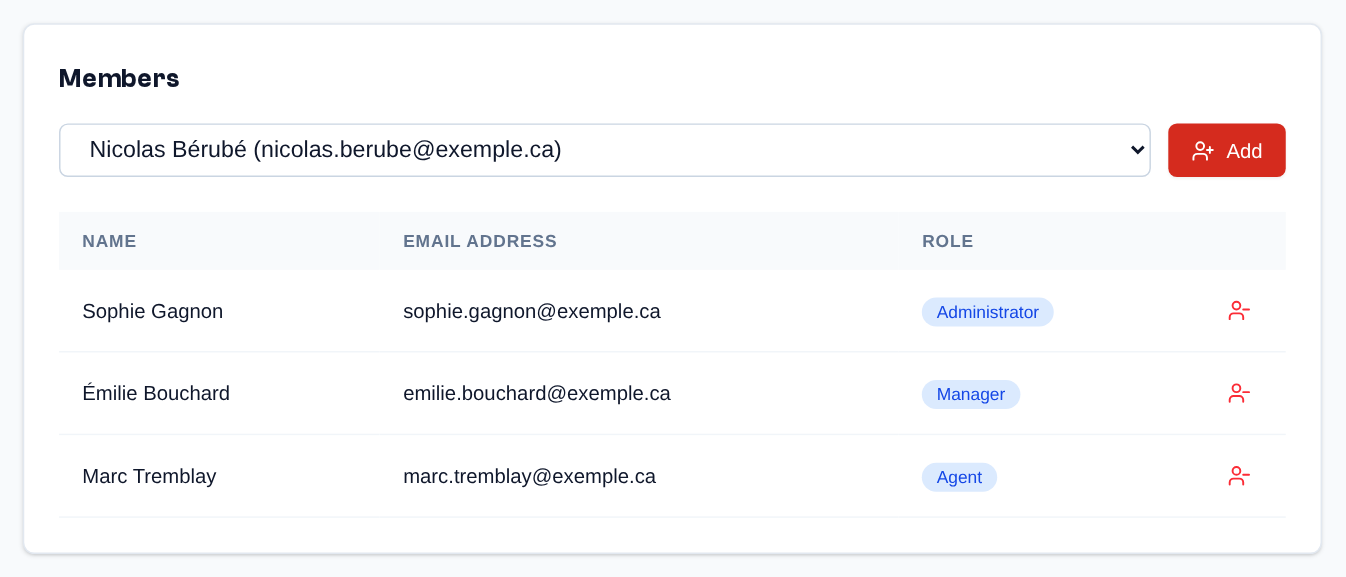 Members tab (admin): pick an organization member who has no team yet and click "Add"; the red icon removes a member from the team.