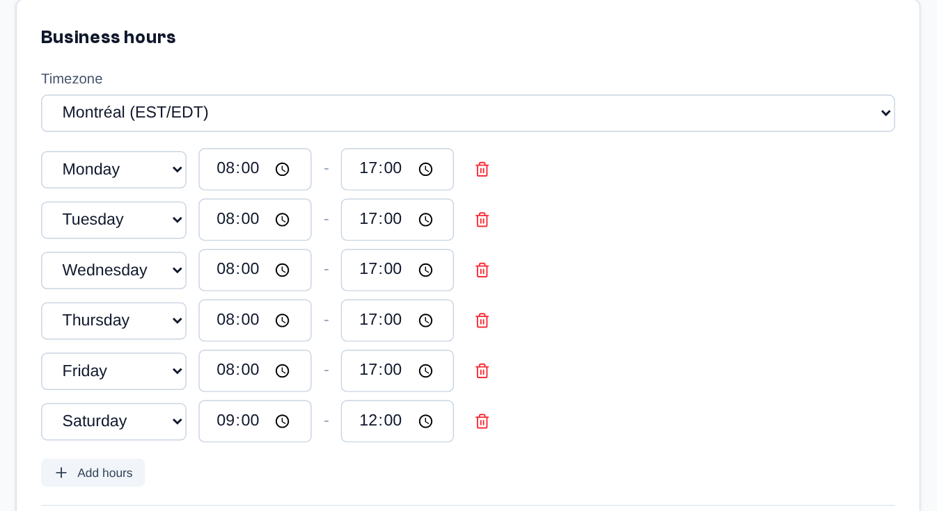 Business hours tab after "Edit" (admin): time zone, one row per range (day, start, end, trash) and "Add hours".