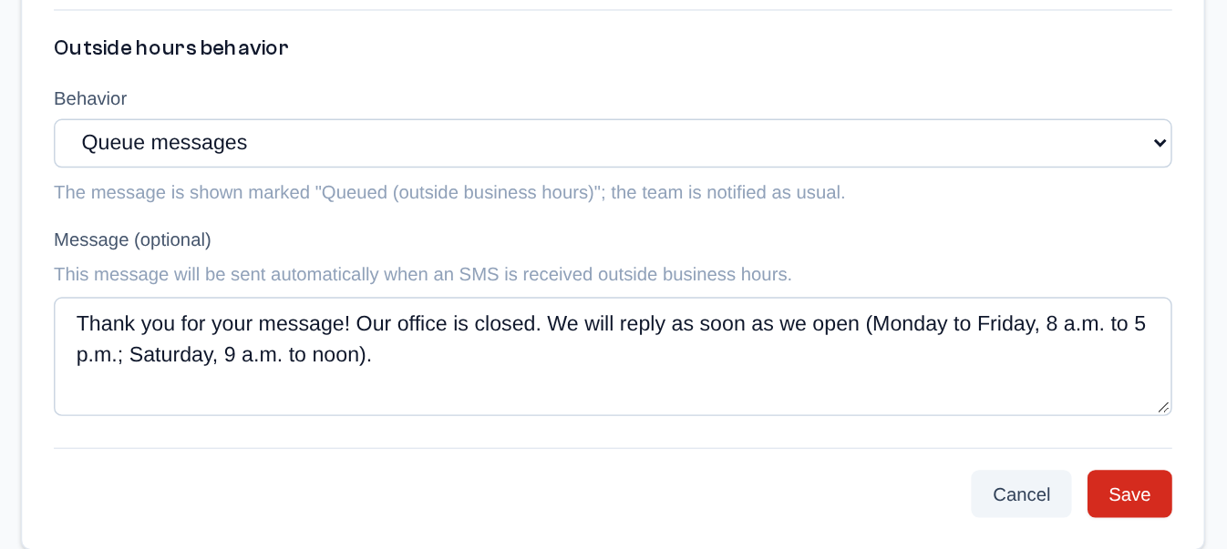 Further down the same form: the outside hours behavior and the optional automatic message, then "Save".