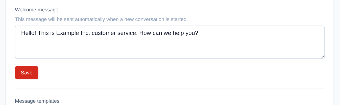 Team settings tab (admin): the welcome message and its "Save" button.