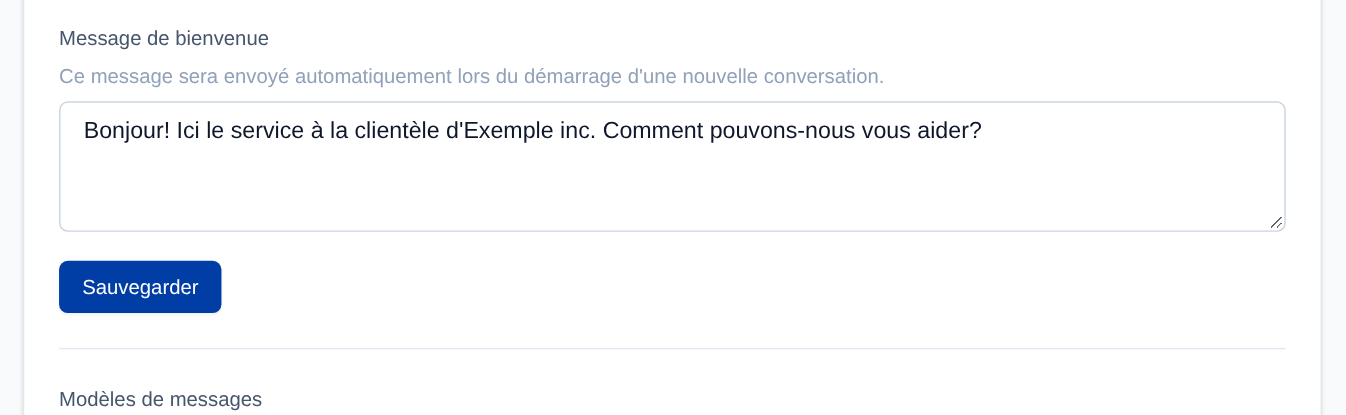 Onglet Paramètres de l'équipe (admin) : le message de bienvenue et son bouton « Sauvegarder ».