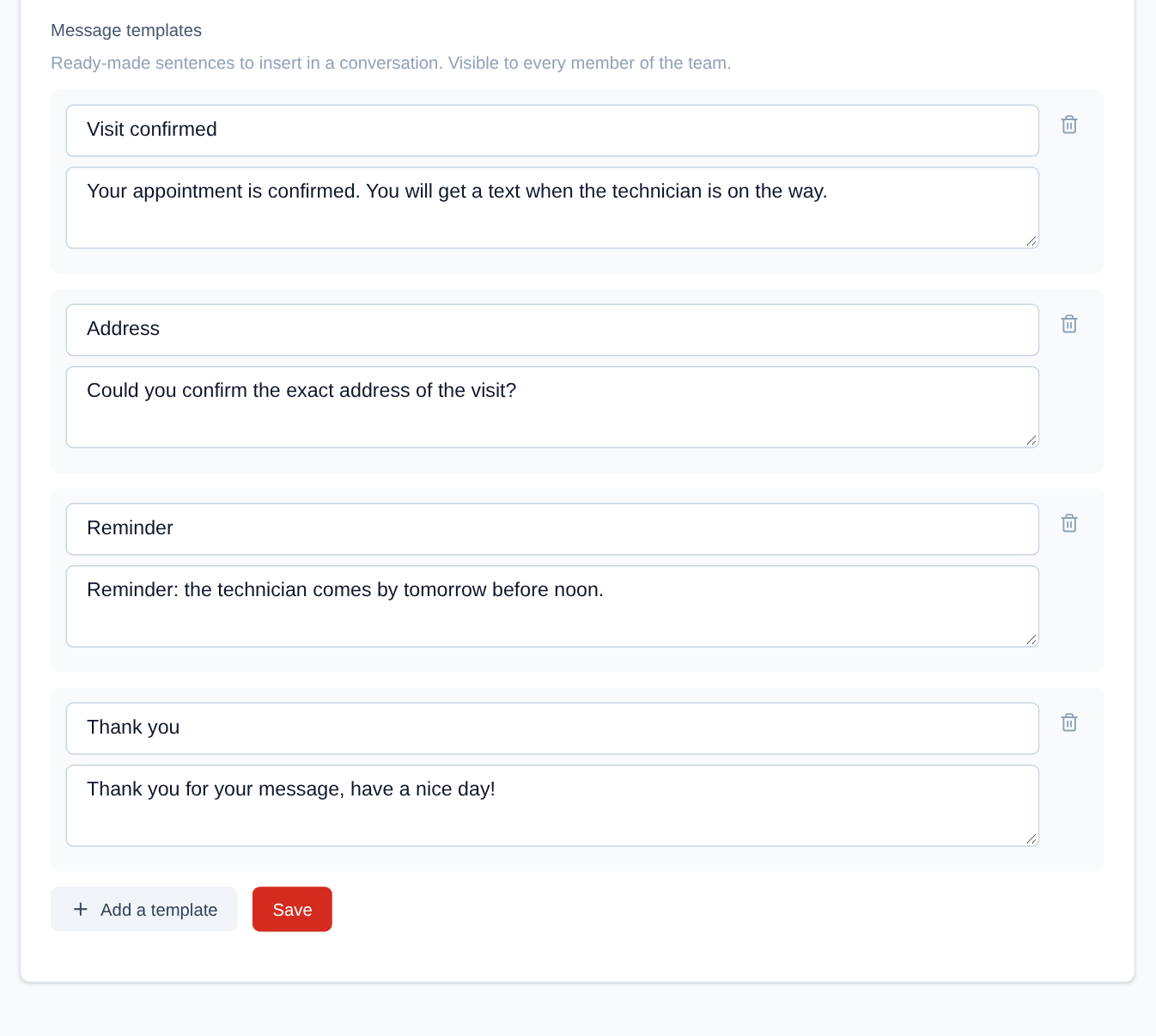 The team's message templates: a title and a text per template, the trash to remove one, "Add a template", then "Save".