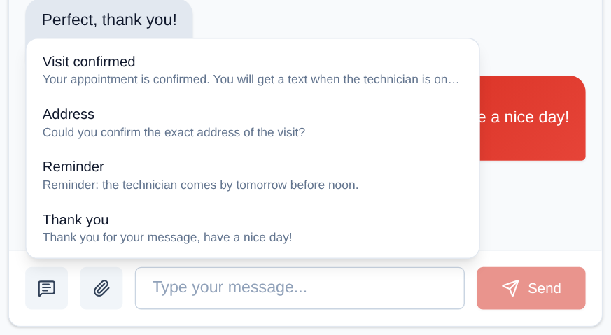 In a conversation, the button left of the field opens the team's templates; a click inserts the text into the message.