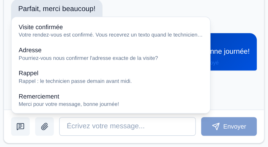 Dans une conversation, le bouton à gauche du champ ouvre les modèles de l'équipe ; un clic insère le texte dans le message.