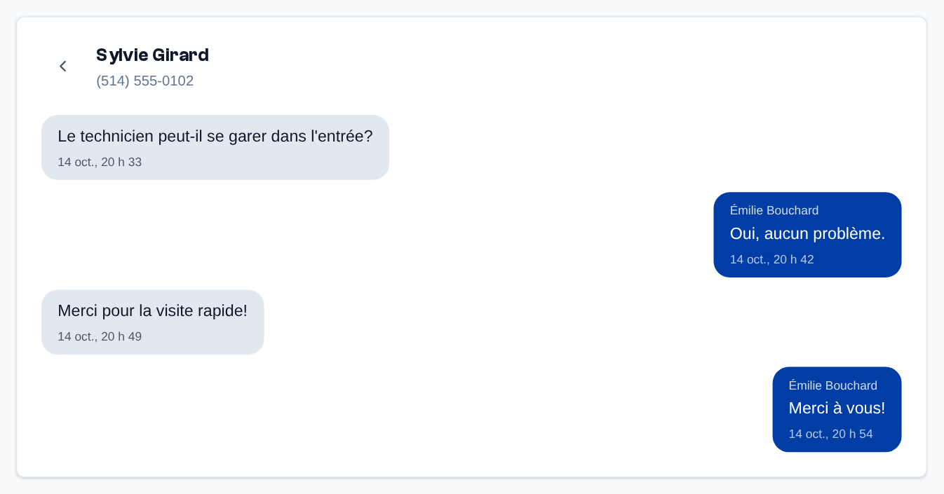 Une conversation fermée, en lecture seule : ses messages avec l'agent et l'heure ; la flèche revient à la liste du jour.