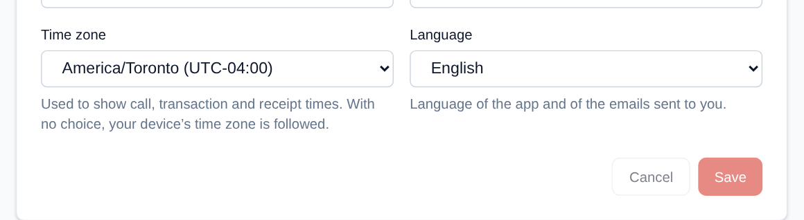 The Language field, next to the time zone: the change applies with "Save" and is kept in your account.