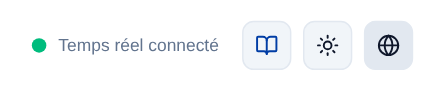 En haut à droite de chaque page : l'état du temps réel, la documentation, le thème et le globe qui bascule la langue entre le français et l'anglais.