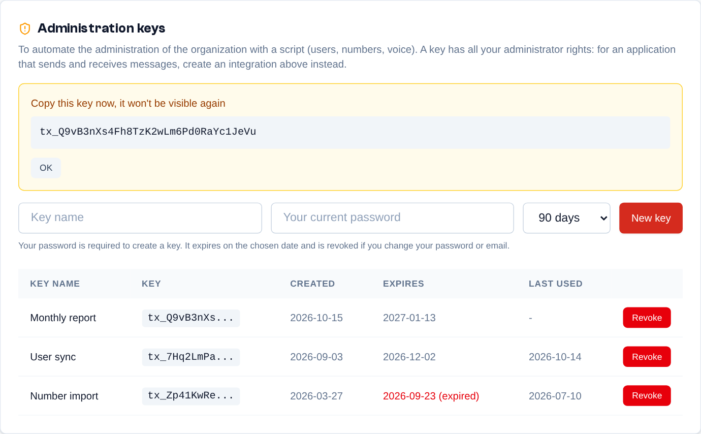 Settings > Integrations > Administration keys: the key just created is shown only once in the box; the list then only shows its beginning, with its expiry date and "Revoke".