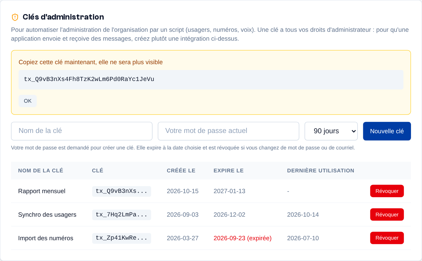 Paramètres > Intégrations > Clés d'administration : la clé qui vient d'être créée s'affiche une seule fois dans l'encadré ; la liste n'en montre ensuite que le début, avec sa date d'expiration et « Révoquer ».