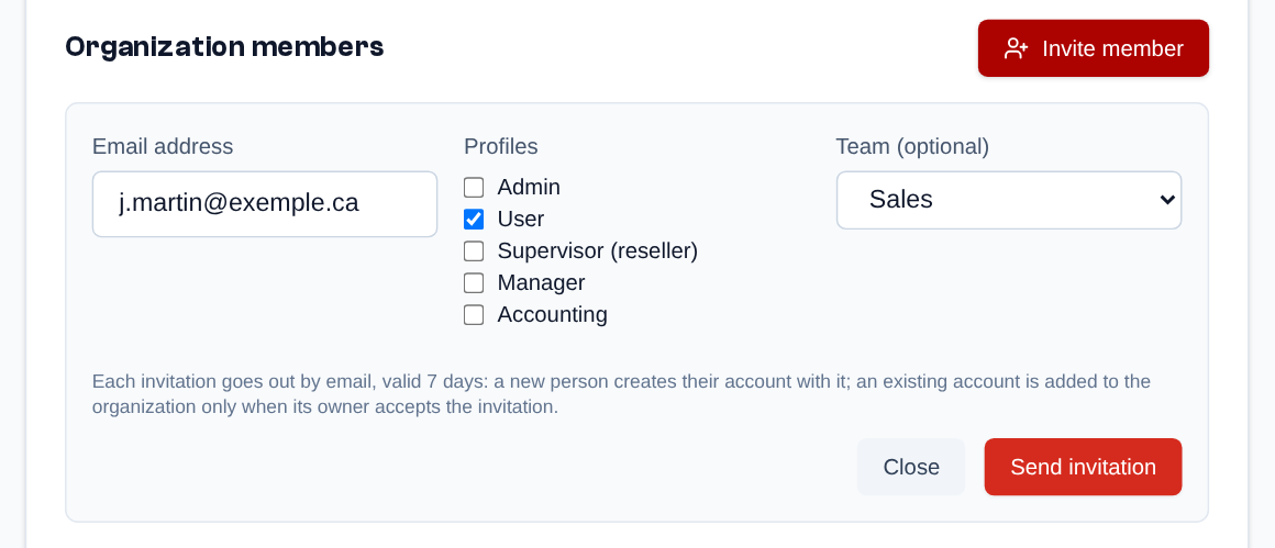 Sidebar menu > Organization > "Invite member": email address, profiles, team (optional), then "Send invitation".