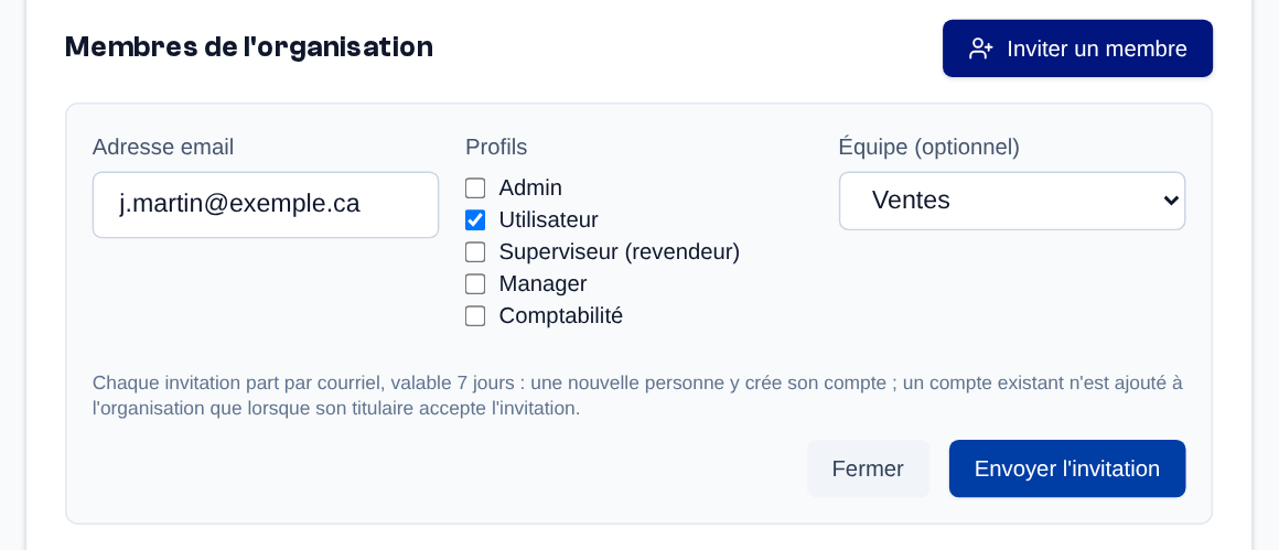 Menu latéral > Organisation > « Inviter un membre » : adresse email, profils, équipe (facultative), puis « Envoyer l'invitation ».