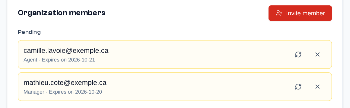 Pending invitations, with their role and expiry date: resend (arrows) or cancel (cross).