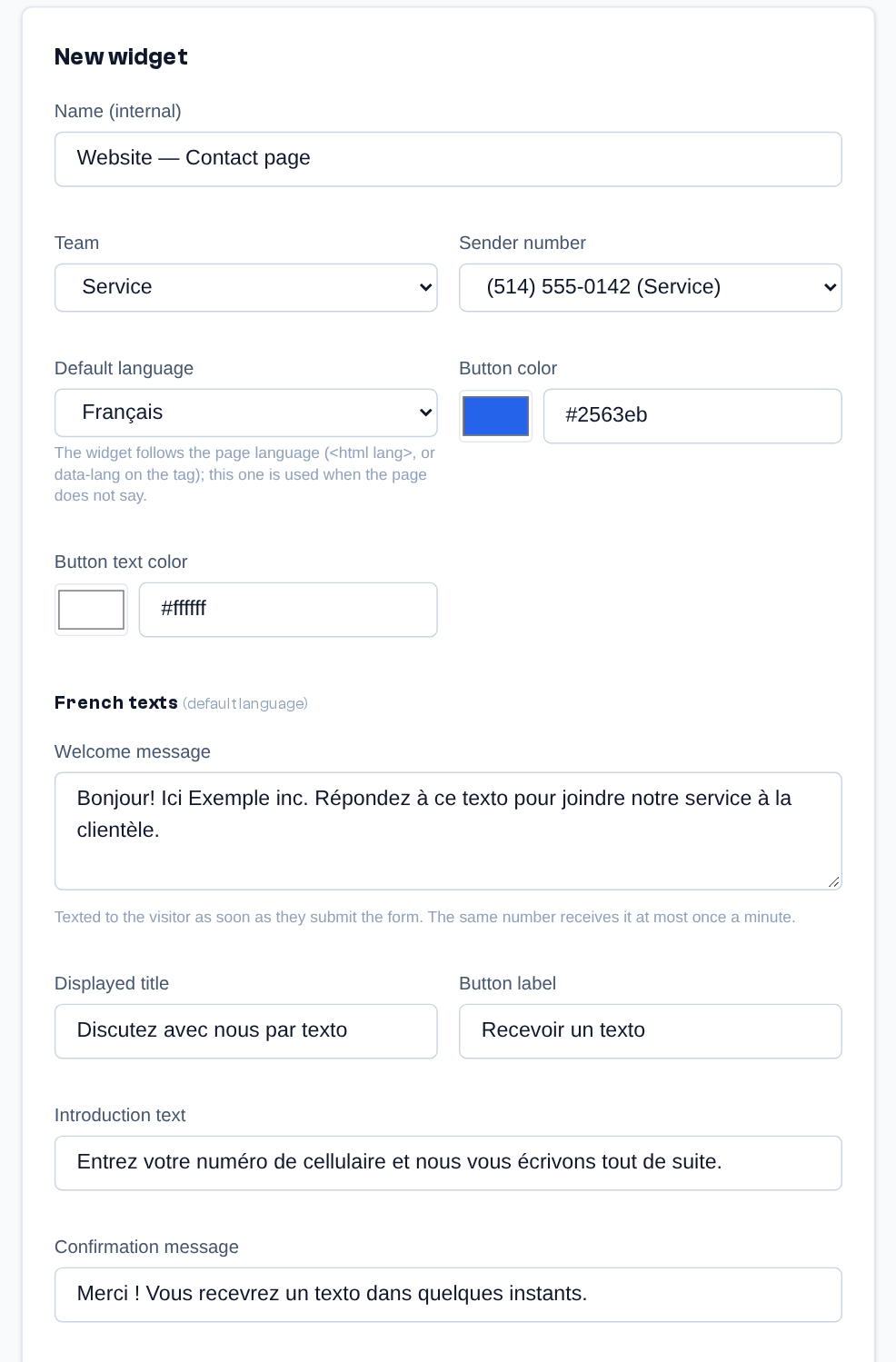 New widget: name, team, sender number, default language, colors, then the welcome message and the displayed texts in each language (here French, the default language; the English texts follow).