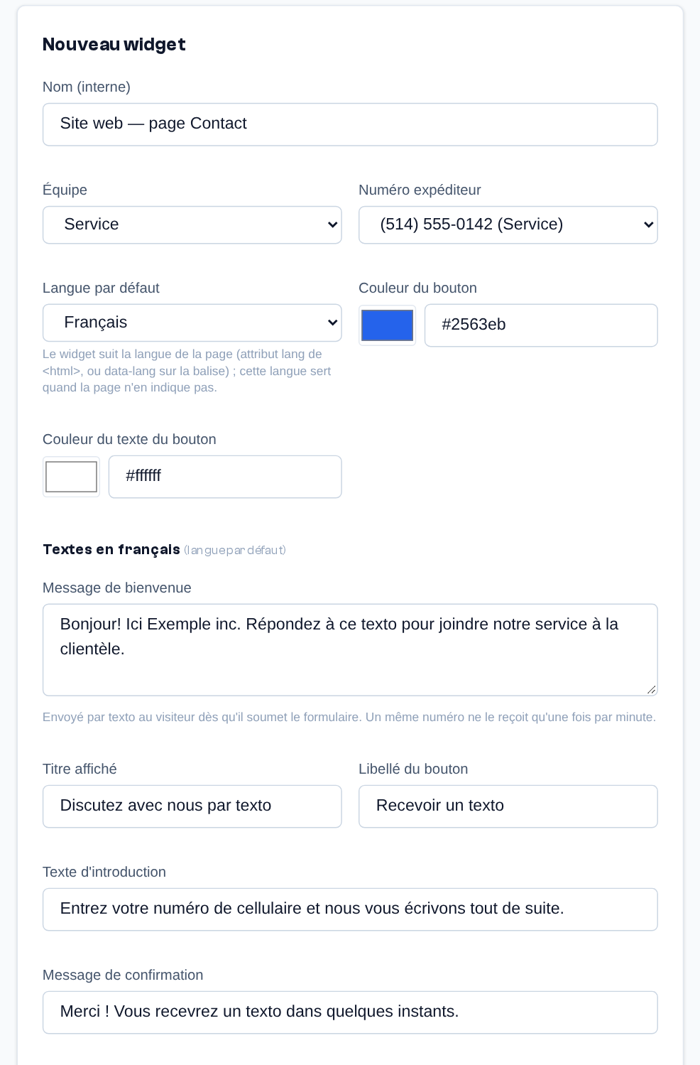 Nouveau widget : nom, équipe, numéro expéditeur, langue par défaut, couleurs, puis le message de bienvenue et les textes affichés dans chaque langue (ici les textes en français, langue par défaut ; ceux en anglais suivent).