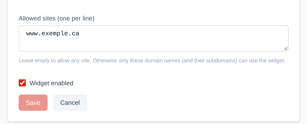 At the bottom of the form: the allowed sites (one per line), the "Widget enabled" box and "Save".