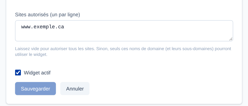 Au bas du formulaire : les sites autorisés (un par ligne), la case « Widget actif » et « Sauvegarder ».
