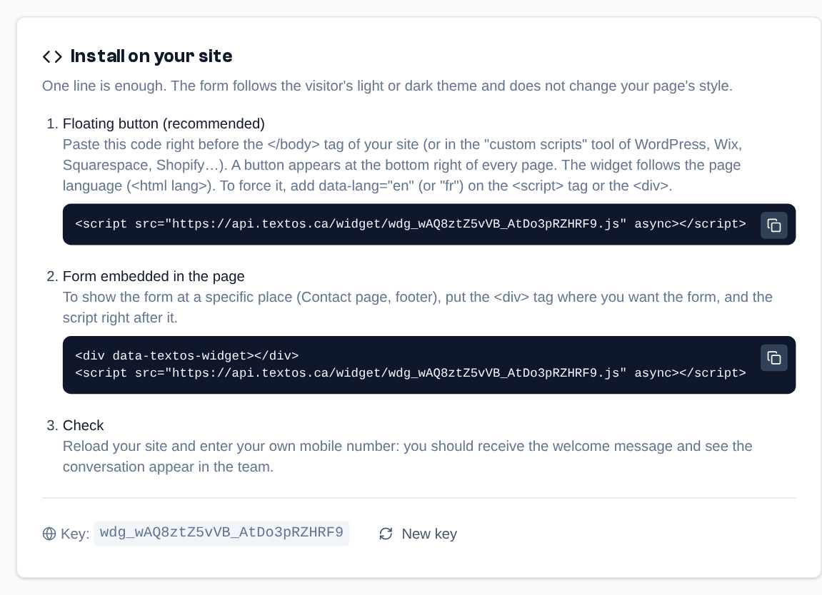 "Install on your site": the floating button code, the variant embedded in the page, and the widget key with "New key".