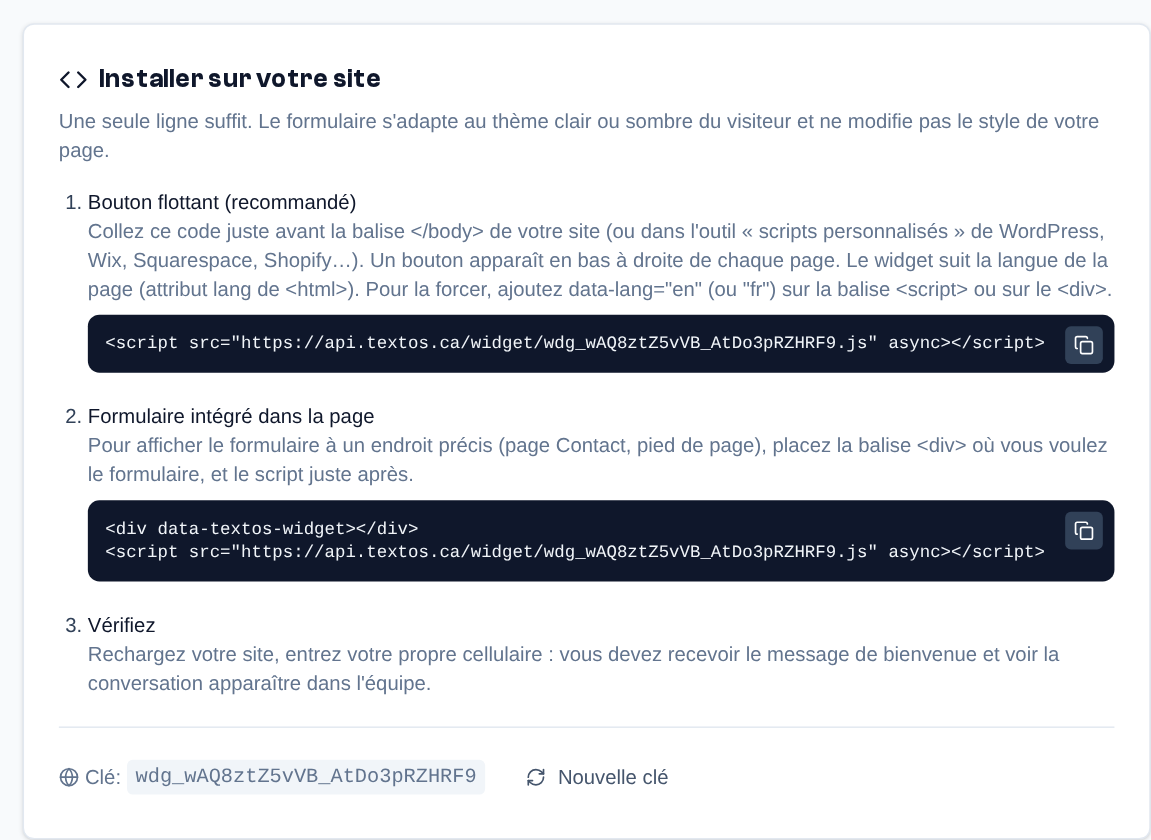 « Installer sur votre site » : le code du bouton flottant, la variante intégrée dans la page, et la clé du widget avec « Nouvelle clé ».