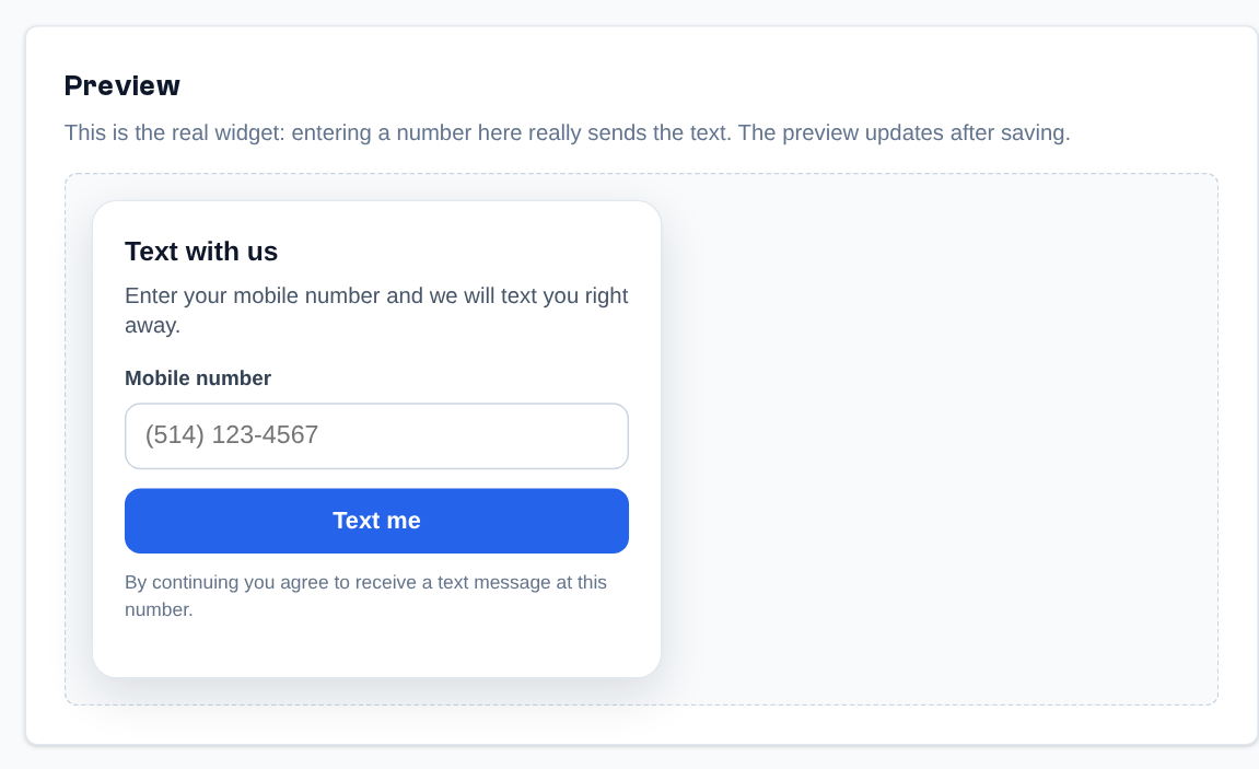 The preview shows the real widget as your visitors will see it (a number entered here really sends the text).