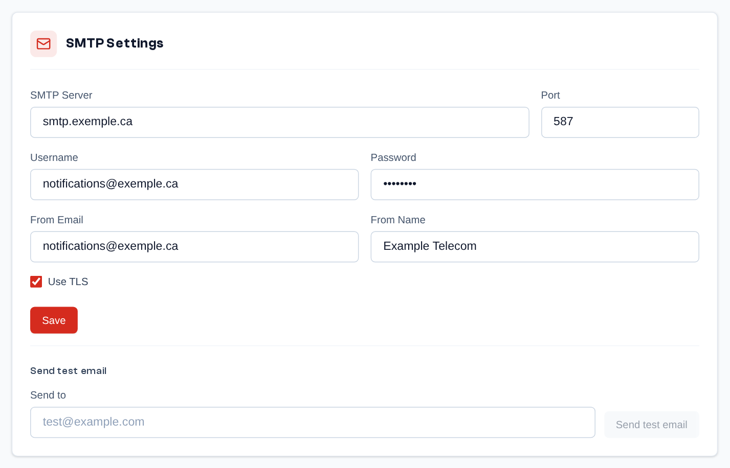 The Domain page, General tab: the domain's SMTP server (the password stays masked) and sending a test email.