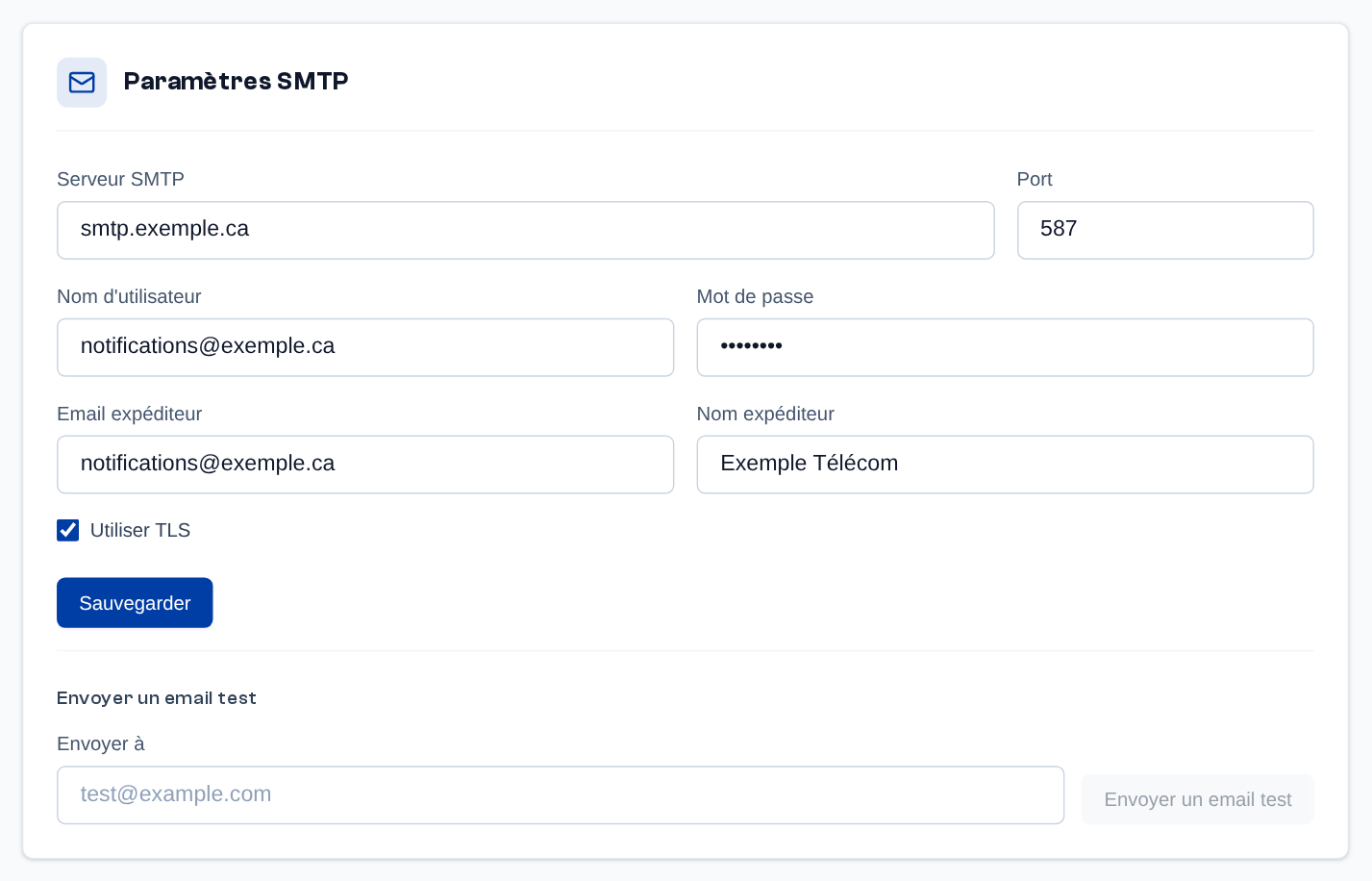 La page Domaine, onglet Général : le serveur SMTP du domaine (le mot de passe reste masqué) et l'envoi d'un email test.