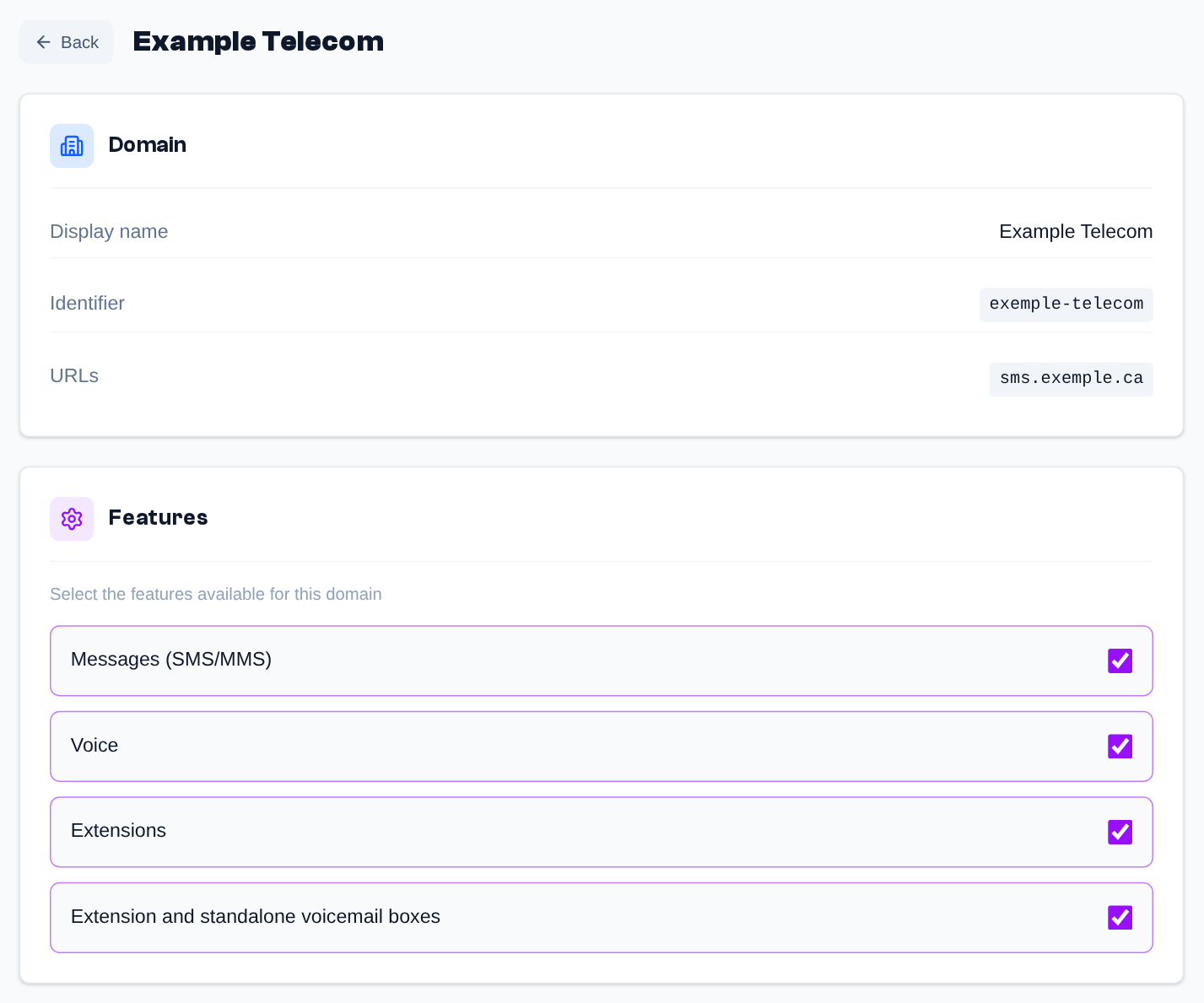 A domain's page: display name, identifier and addresses (URLs) of the domain.