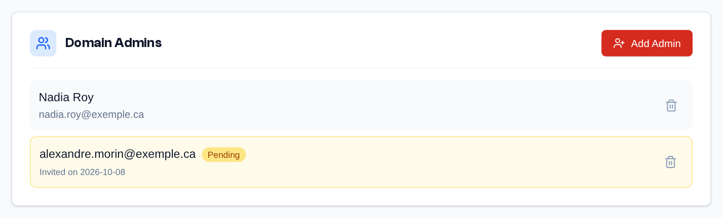 The "Domain Admins" section: the current admins and a "Pending" invitation; the trash removes an admin or deletes an invitation.